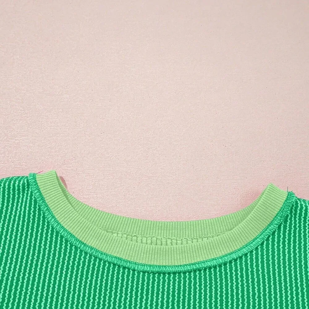 Green Casual Women's Textured Striped Cuffed Long Sleeve Loose Crew Neck T-Shirt